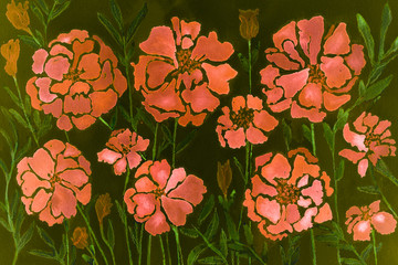 Impression of flamingo pink marigold on a dark green background. The dabbing technique gives a soft focus effect due to the altered surface roughness of the paper.