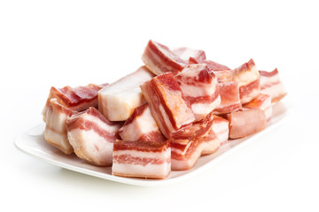 Iberian raw rashers of bacon cut ready for frying