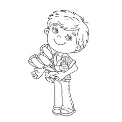 Coloring Page Outline Of boy holding a bouquet of Tulips