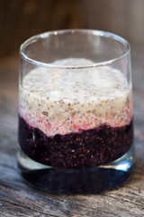 Chai seeds pudding with banana, raspberry and blackberry