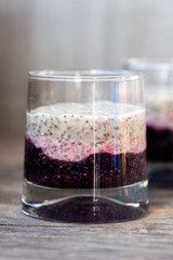 Chai seeds pudding with banana, raspberry and blackberry