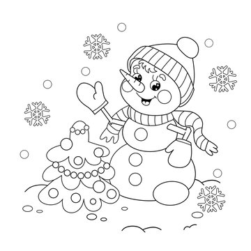Coloring Page Outline Of snowman with Christmas tree