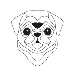 A pug head cartoon vector for coloring isolated on white, testa di carlino in bianco e nero da colorare vettoriale