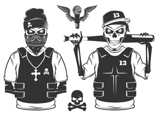 Set of rap skull and hip hop skeleton black and white style - obrazy, fototapety, plakaty