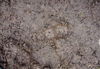 Footprint in the dirt. Brown road dirt with footprints. Background photo texture. Foot mark on the jungle trail. shoeprints in the mud. Dirt field close up background.