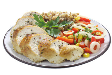 Chicken breast, buckwheat and salad with paprika, onions and corn