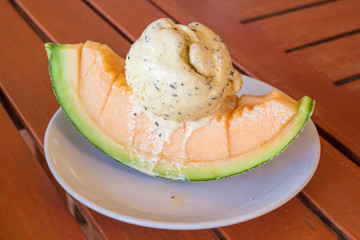 Vanilla Icecream with melon piece, a summer dessert