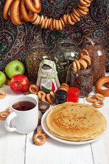 Maslenitsa festival meal. Pancake with caviar and tea