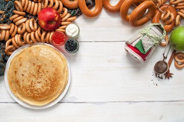 Maslenitsa festival meal. Pancake with caviar and tea