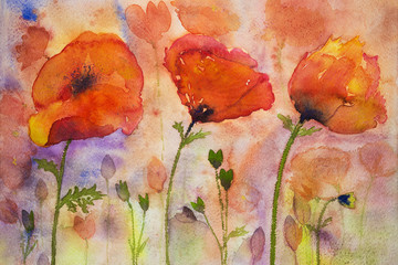 Colorfull poppies and buds. The dabbing technique near the edges gives a soft focus effect due to the altered surface roughness of the paper.