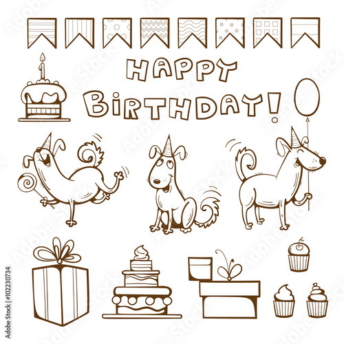 Birthday Coloring Book Cute Dogs Gifts Cake Candle Balloon And Candy