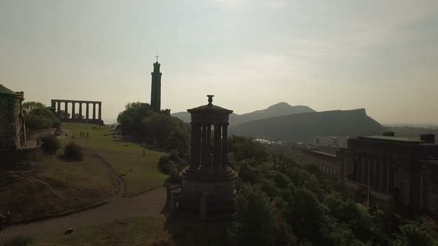 Incredible shot of Calton hill, Edinburgh, Scotland looking back towards Arthurs seat
