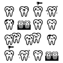Kawaii Tooth, cute teeth characters - black vector icons set