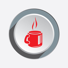 Drink glass icon. Plastic, paper cup symbol. Red sign on round three-dimensional white-gray button. Vector 