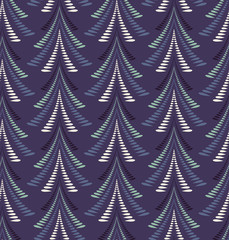 Seamless Christmas pattern. Stylized ornament of trees, firs on dark blue background. Twist silhouettes with laurel leaves. Winter, New Year, nature theme texture. Blue colors. Vector 