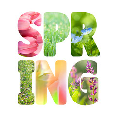Naklejka premium Word Spring with colorful nature images inside the letters