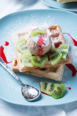 Waffeln mit veganem Schokoeis,Sojaschlagcreme, Kiwis und Erdbeersoße