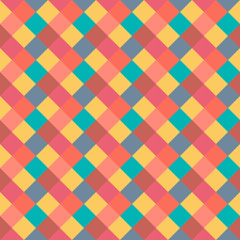 Seamless geometric pattern. Diagonal square, braiding, woven line background. Strapwork texture in warm, brigth, variegated, baby, festival, clown, holiday colors. Rhomb figure texture. Vector