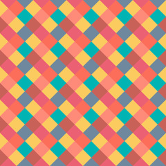 Seamless geometric pattern. Diagonal square, braiding, woven line background. Strapwork texture in warm, brigth, variegated, baby, festival, clown, holiday colors. Rhomb figure texture. Vector