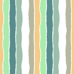 Striped seamless pattern. Vertical wide lines with torn paper effect. Shred edge band background. Turquoise, olive, beige, white soft colors. Vector