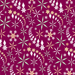 Seamless christmas pattern. Snowflakes, crystals on dark magenta background. Multicolor light star silhouettes. Winter, holiday, sale, ice cream, sweets wrapper texture. Vector