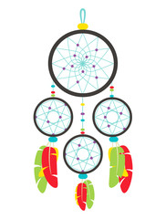 Dream catcher isolated colorful vector illustration with beads and feathers, indian culture