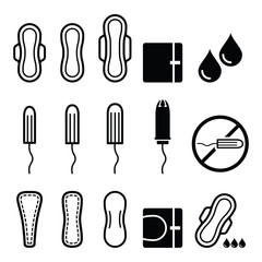 Feminine hygiene products - sanitary pad, pantyliner, tampon icons  - obrazy, fototapety, plakaty