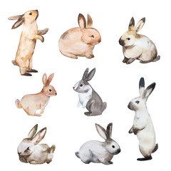Set van Pasen konijnen. Handgetekende schets en aquarelillustraties
