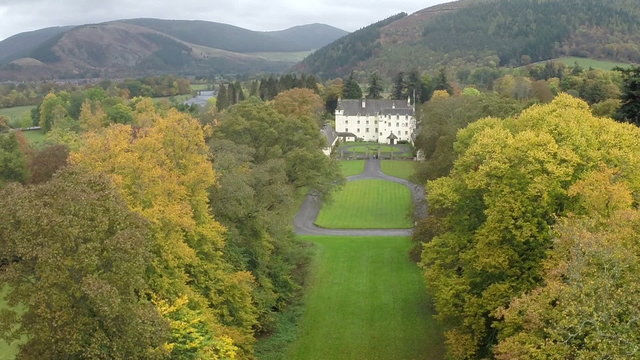 Aerial shot of Traquair house in Innerleithen in the Scottish Borders
