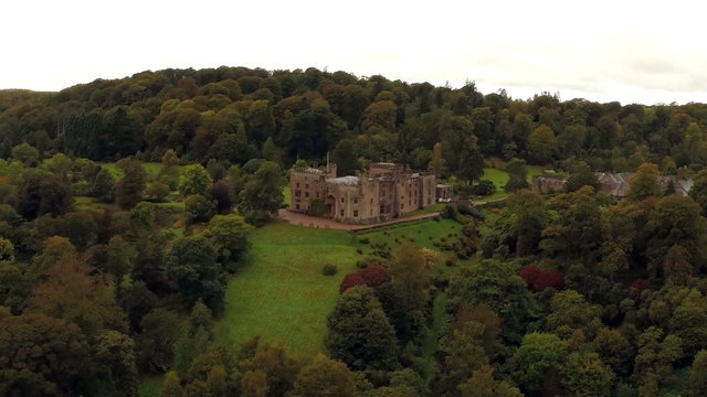 Aerial shot of Muncaster Castle in Cumbria, England
