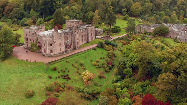 Aerial shot of Muncaster Castle in Cumbria, England
