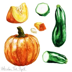 Schilderijen op glas Watercolor Food Clipart - Pumpkin and Zucchini © nataliahubbert