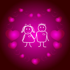 Детская иллюстрация влюбленных. Мальчик и девочка влюбленные