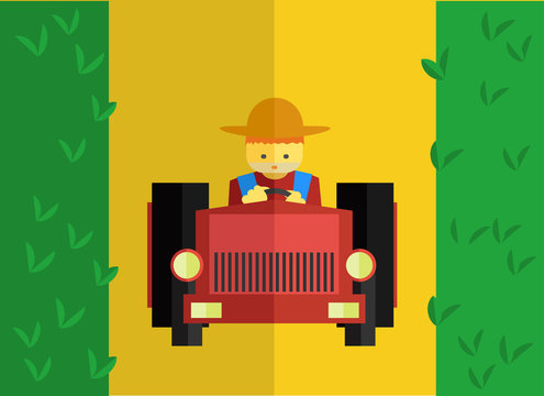 farmer rides tractor in field