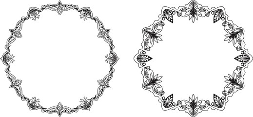 Set of round frame with decorative branch. Hand drawn.