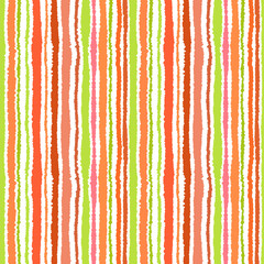 Seamless strip pattern. Vertical lines with torn paper effect. Shred edge background. Summer, warm, green, olive, orange, red, white, tropical colors. Vector illustration