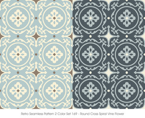 Retro Seamless Pattern 2 Color Set_169 Round Cross Spiral Vine Flower