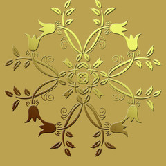 fancy circular pattern with tulips and branches with leaves.floral arrangement can be used to design greeting cards, advertising and much more