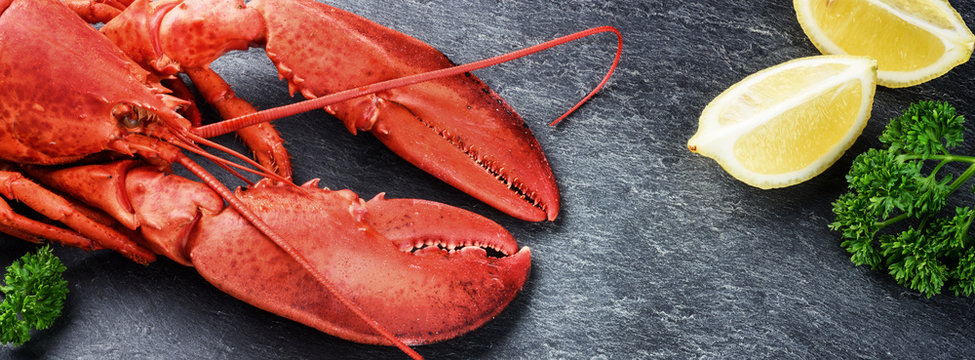 Fine selection of crustacean for dinner. Steamed lobster with le