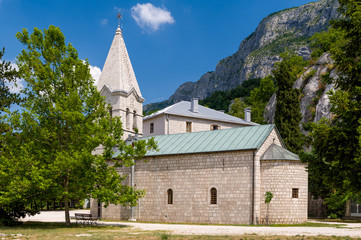 Fototapeta na wymiar The Ostrog Donji Monastery tower. Lower church of monastery complex. Montenegro.