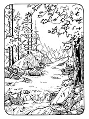 coloring page with river and the wood