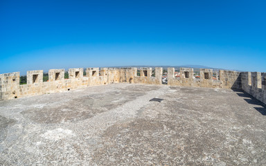 Medieval Limassol Castle flat roof with fortification fence fisheye view. Cyprus.
