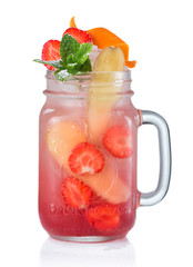 Red alcohol cocktail with fruits in drinking jar