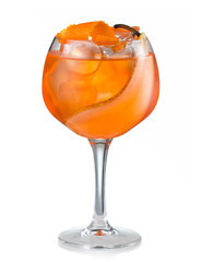 Fruit alcohol cocktail with pear and orange slice isolated