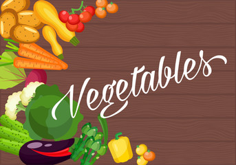 Ingredients for cooking on an old wooden table. Vegetarian flat design. Healthy food of different vegetables