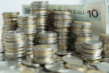 Polish money in stacks. 