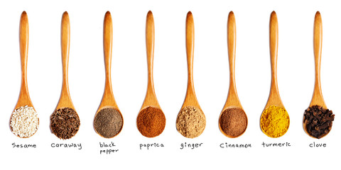 wooden spoons with spices