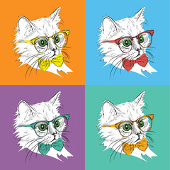Obraz premium Image Portrait of cat in the cravat and with glasses. Pop art style vector illustration.