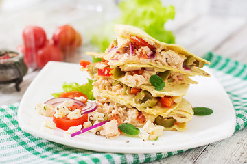 Mexican Quesadilla wrap with chicken, olives, sweet pepper and salad.