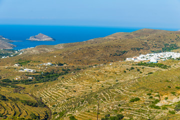 Panoramic view of a village in Mykonos, Greece.